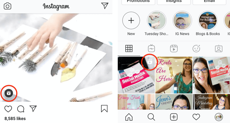 ikona koluta instagram, prikazana na objavi vira in na mrežnem kvadratu profila