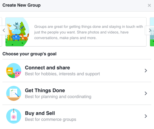 Če želite ustvariti skupino na Facebooku, ki se osredotoča na gradnjo skupnosti, izberite Connect and Share.