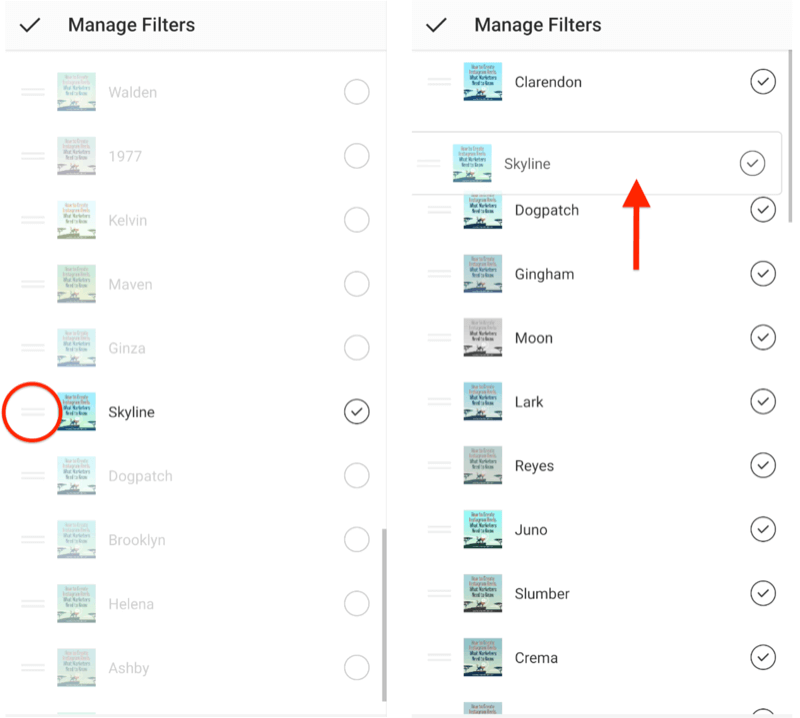 upravljajte možnosti menija filtrov instagrama, ki prikazujejo dvojno vodoravne izbirne vrstice poleg filtrov, jih je treba prerazporediti in prikazuje, kako se skyline filter povleče na vrh izbora filtra seznam