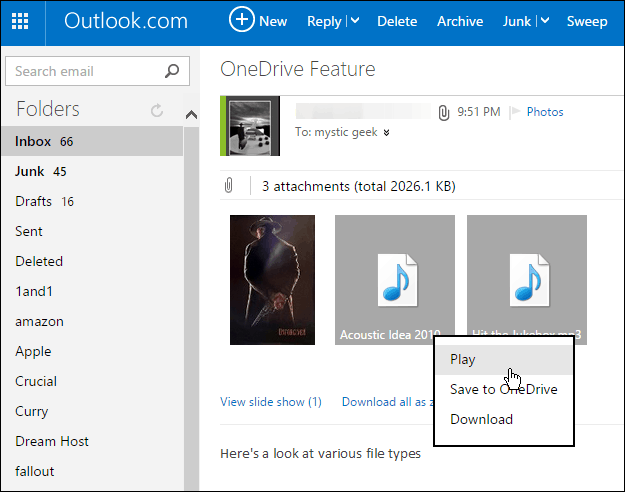 S klikom shranite priloge Outlook.com na OneDrive