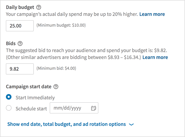 Izberite dnevni proračun, vnesite ponudbo in izberite začetne datume za svojo akcijo.