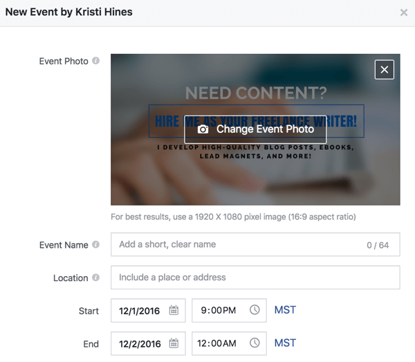 Izpolnite te podrobnosti, da ustvarite Facebook dogodek.