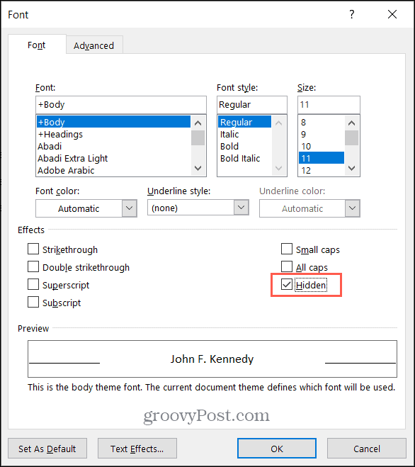 Označite polje za skrito besedilo v programu Microsoft Word v sistemu Windows
