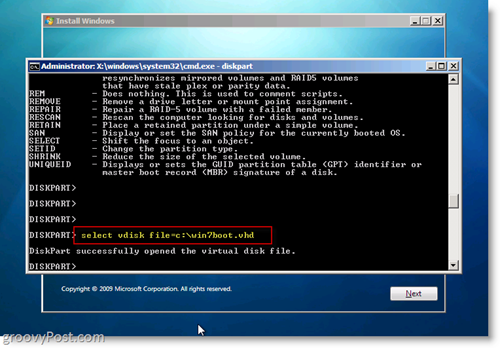 Windows 7 Native VHD Namestitev dvojnega zagona Izberite VHD iz poziva CMD