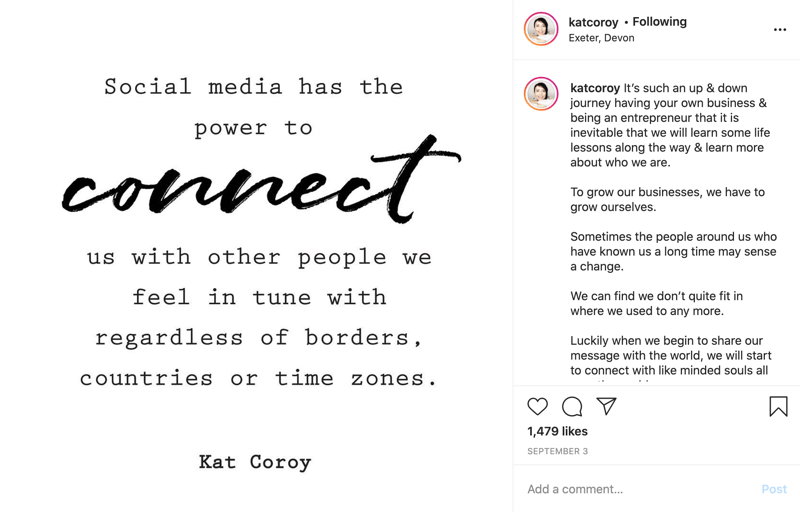 primer citatne objave v Instagramu z besedilom predvsem v blok pisavi z nekaj besedami v besedilu skripta za poudarek