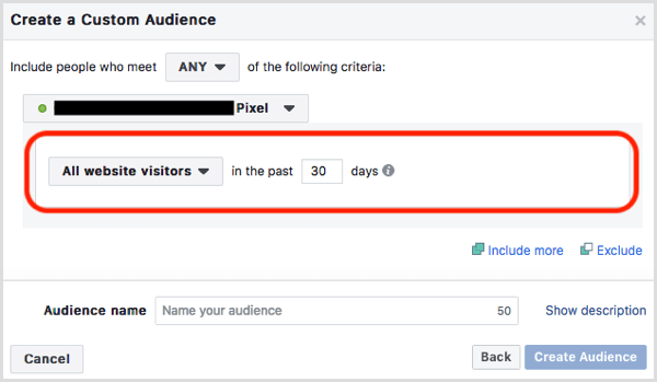Privzeto občinstvo po meri za spletno mesto Facebook