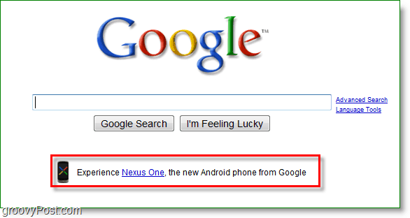 Nexus 1, ki se oglašuje na Googlovi domači strani.
