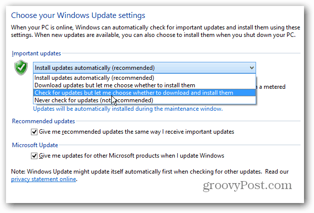 Naj Windows 8 prikaže obvestilo na namizju za posodobitve