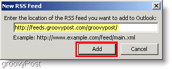 Posnetek zaslona Microsoft Outlook 2007 - Vnesite nov vir RSS