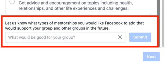 Kako izboljšati skupnost skupin na Facebooku, možnost, da Facebooku predlagate možnost kategorije skupinskega mentorstva