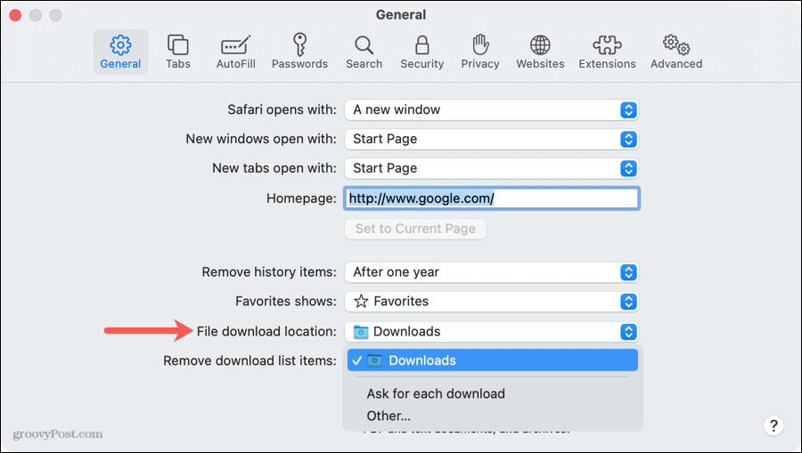 Mesto za prenos datoteke v brskalniku Safari na Macu