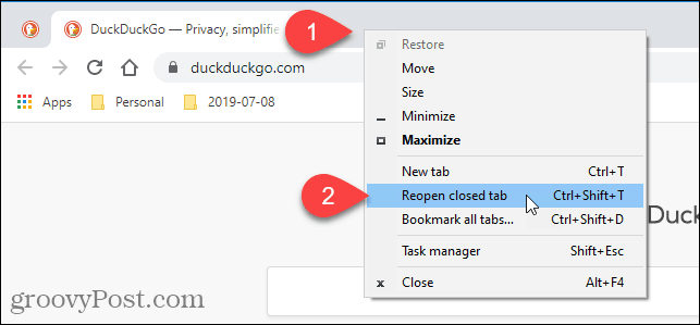 V Chromu izberite Ponovno odpiranje zaprtega zavihka