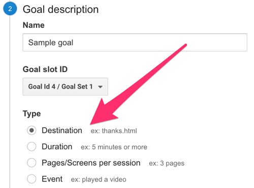 izberite cilj kot vrsto cilja v google analytics
