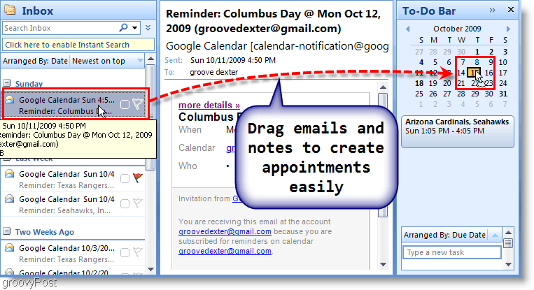 Vrstica opravil Outlook 2007 - povlecite e-pošto v koledar