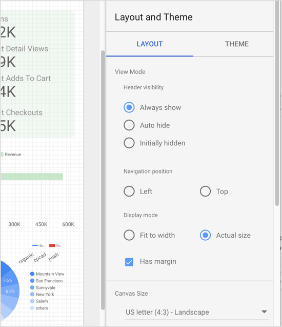 Prilagodite vidike poročila Data Studio, na primer način pogleda in velikost platna. 