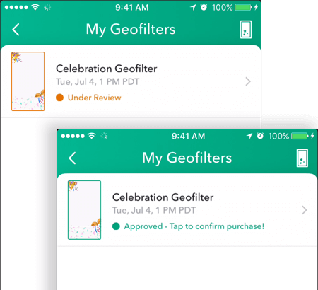 Ko je vaš geopilter Snapchat odobren, se na zaslonu My Geofilters prikaže njegovo stanje kot odobreno.
