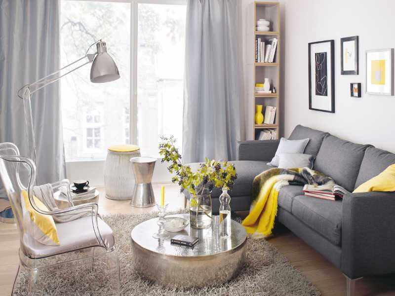 sivo rumena dekoracija dnevne sobe