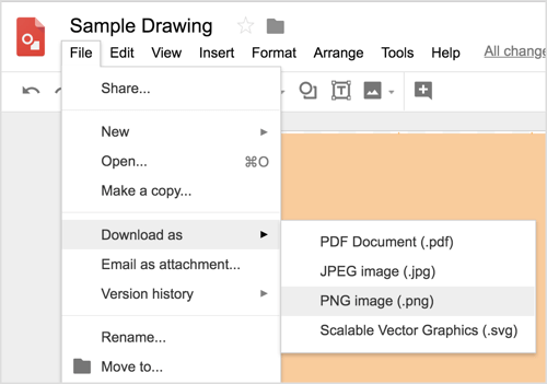 Izberite Datoteka> Prenesi kot> Slika PNG (.png), da prenesete svojo obliko Google Risbe.