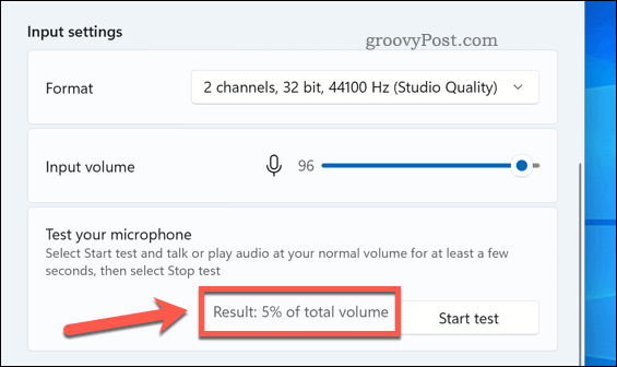 Odstotek rezultata iz testa mikrofona v sistemu Windows 11