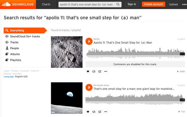 Poiščite NASA-jeve predstavnostne datoteke na SoundCloudu, da najdete in prenesete zvok ikoničnih zgodovinskih trenutkov, kot je prvi sprehod po luni.