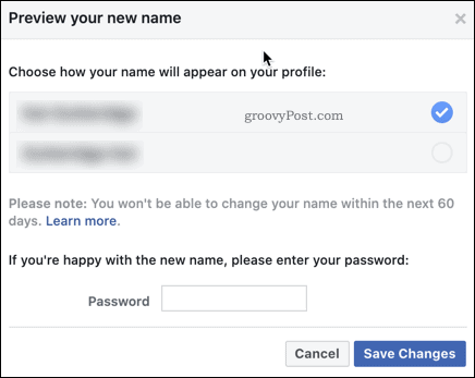 Potrditev spremembe imena Facebooka