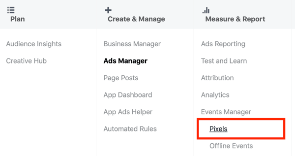 Uporabite Google Tag Manager s Facebookom, korak 3, možnost menija Piksli pod Ads Manager