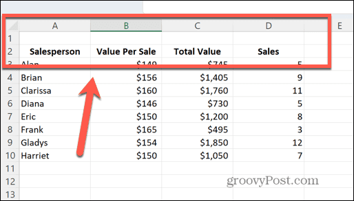 excel nova vrstica