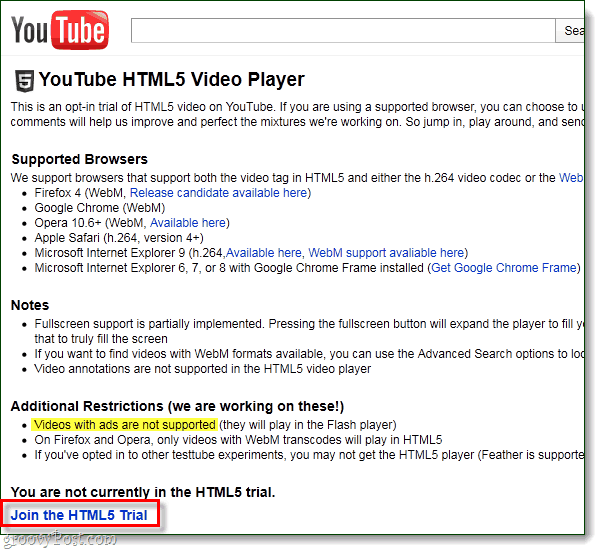 YouTube za prijavo HTML5