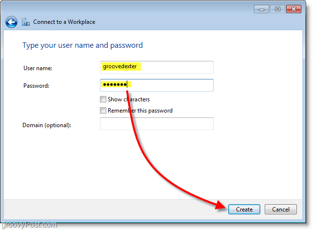 vnesite svoje uporabniško ime in geslo in nato ustvarite povezavo v operacijskem sistemu Windows 7