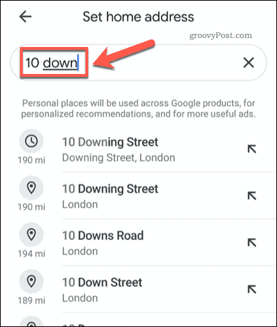 Iskanje domačega naslova v mobilni aplikaciji Google Maps