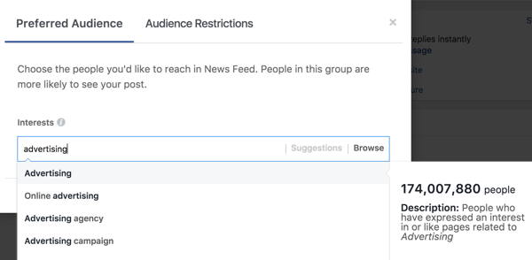 Ko vtipkate zanimanje, vam bo Facebook predlagal dodatne oznake zanimanja.