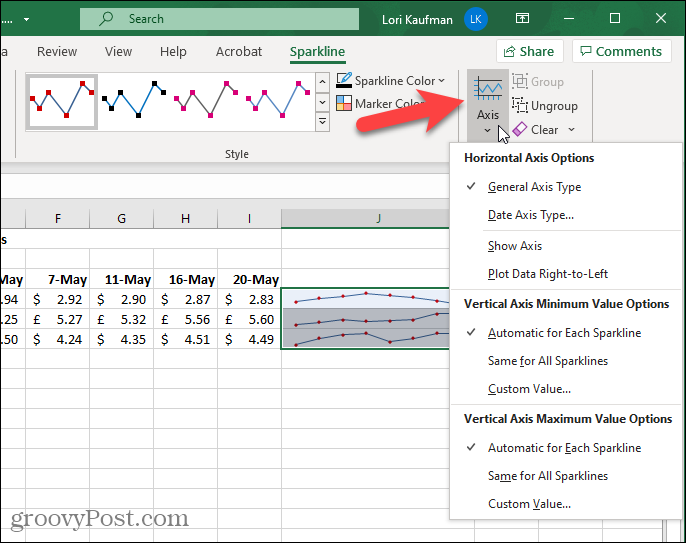 Gumb osi na zavihku Sparkline v Excelu
