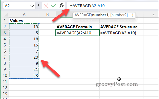 Ustvarjanje formule z uporabo AVERAGE v Excelu
