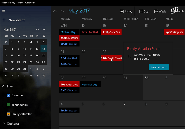 Aplikacija za koledar Windows 10