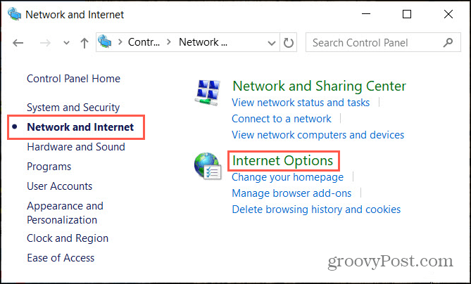 Omrežne internetne možnosti na nadzorni plošči sistema Windows