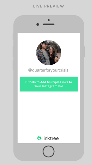 Vaša nadzorna plošča Linktree prikazuje predogled strani s povezavami, ki jo ljudje vidijo, ko kliknejo URL v vaši biografiji v Instagramu.