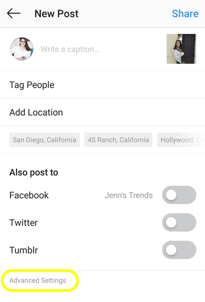 Kako dodati nadomestno besedilo objavam na Instagramu, korak 1, nova možnost napredne nastavitve objave v instagramu