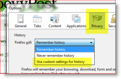 Firefox - uporabite zgodovinske nastavitve po meri