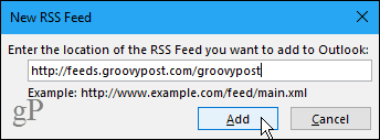 Novo pogovorno okno vira RSS v Outlooku