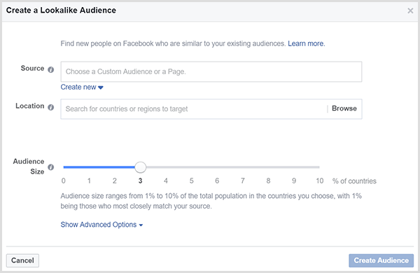 V pogovornem oknu Facebook Create a Lookalike Audience je drsnik Audience Size.