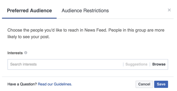 Dodajte oznake zanimanja, ki odražajo ljudi, ki jih želite doseči s svojo objavo na Facebooku.