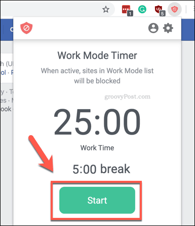 Zagon časovnika delovnega načina BlockSite