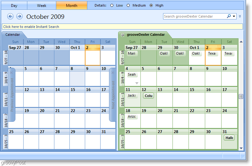 Slika zaslona koledarja Outlook 2007