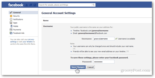 facebook splošne nastavitve računa upravljajo splošno uporabniško ime geslo shrani spremembe potrdi