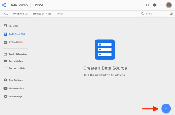 Uporabite Google Data Studio za analizo oglasov na Facebooku, korak 1, možnost za ustvarjanje vira podatkov v Google Data Studio