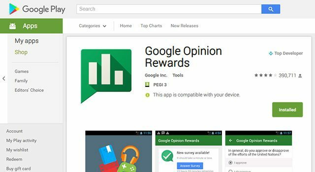 Zaslužite brezplačno dobroimetje v Googlu Play z nagradami Google Mnenje