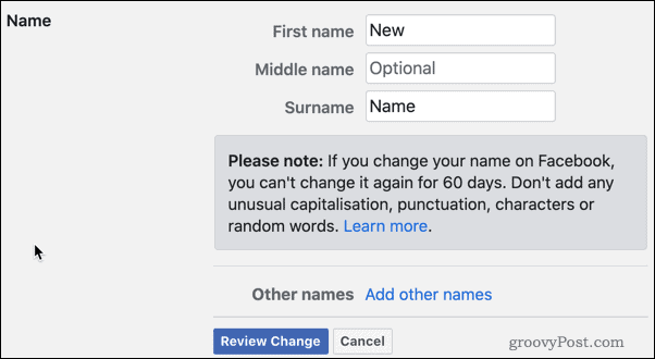 Preglejte spremembe imena Facebooka