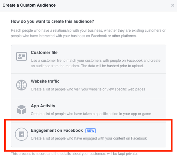 Izberite Engagement na Facebooku kot vrsto občinstva po meri, ki ga želite ustvariti.