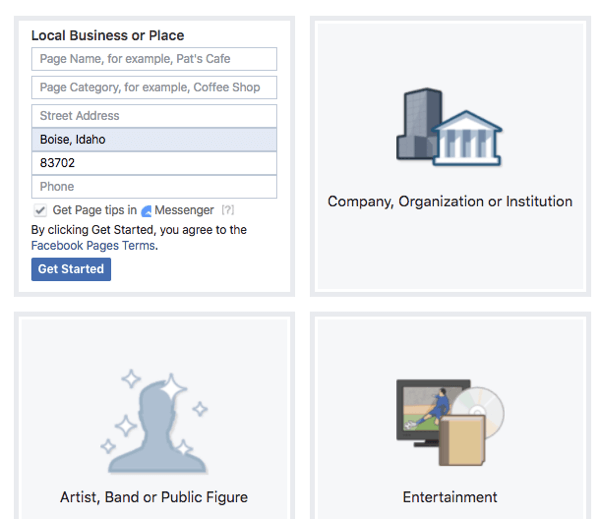 Upoštevajte funkcije, ki jih ponuja posamezna vrsta in kategorija za vašo Facebook stran.