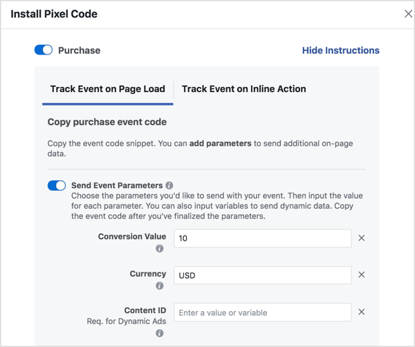 Nastavite parametre za ustvarjanje kode dogodka Facebook, ki jo potrebujete.